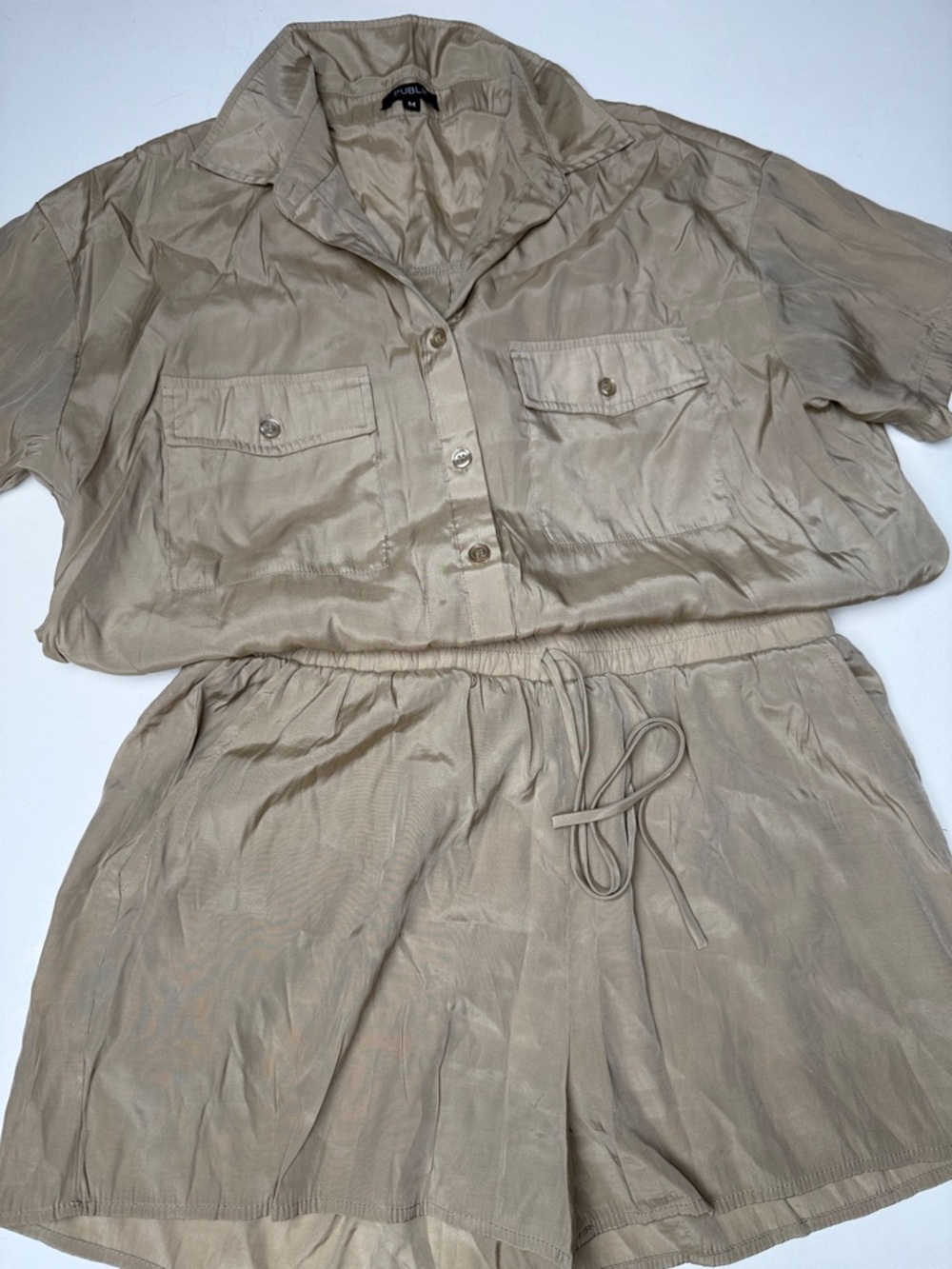 Publik Taupe Two-Piece Button Shirt & Drawstring Shorts Set
